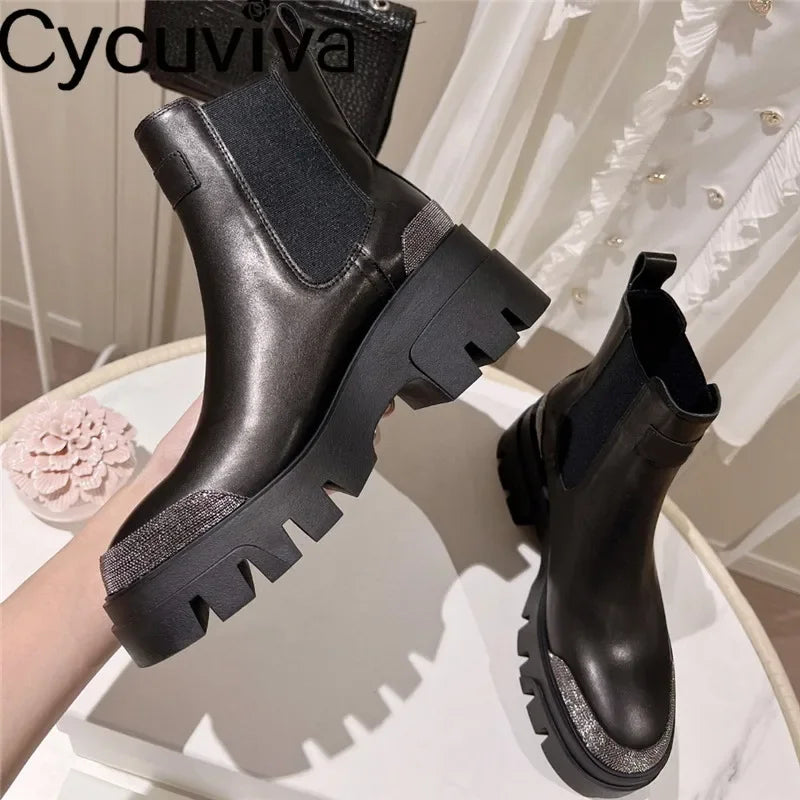 Autumn New Thick Sole Platform Chelsea Boots Women Rice White Suede Lace Up Mid Calf Short Boots Chunky Flat Heel Knight Boots