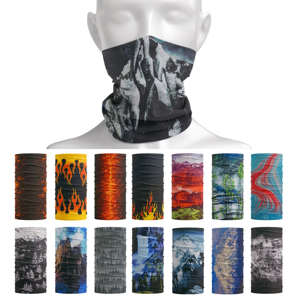 Men Women Hiking Bandanas Seamless Tube Headscarf Camping Neck Gaiter Cover Fire Landscape Printed Headband Snood Face Shield