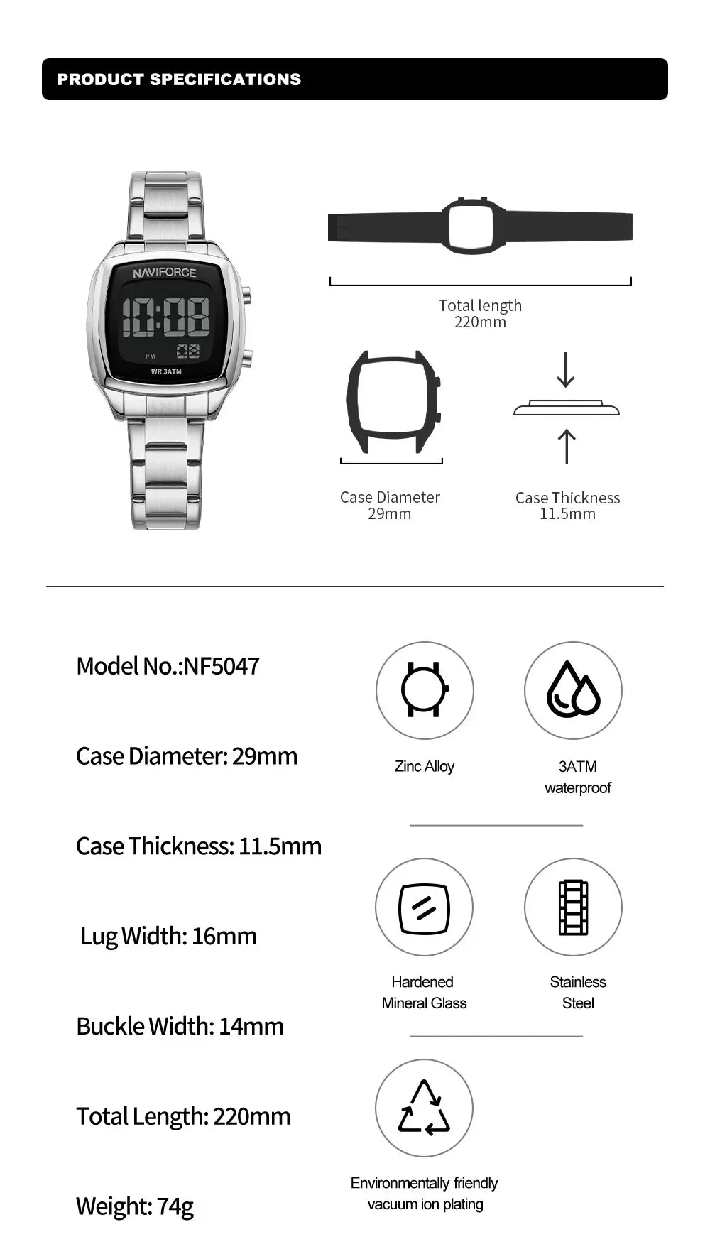 NAVIFORCE NF5047 Women's Digital Display Watches Stainless Steel Women Fashion Digital Clock Casual Ladies Electronic Watch