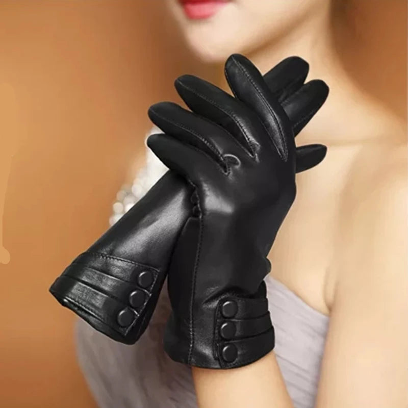 Gloves Women's Winter Outdoor Fashion Comfortable Warm Glove Plush Touch Screen Driving PU Leather Gloves