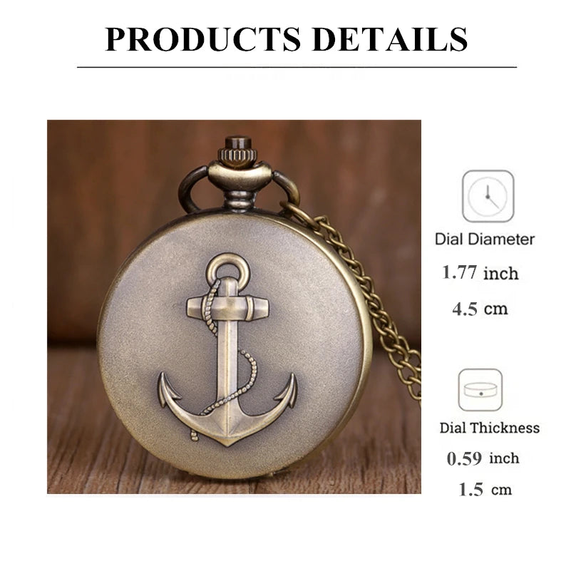 Vintage Copper Pocket Watch Men Anchor Souvenir Gift with 80cm Necklace Chain Classic Design Quartz Best Gift Clock Male Child