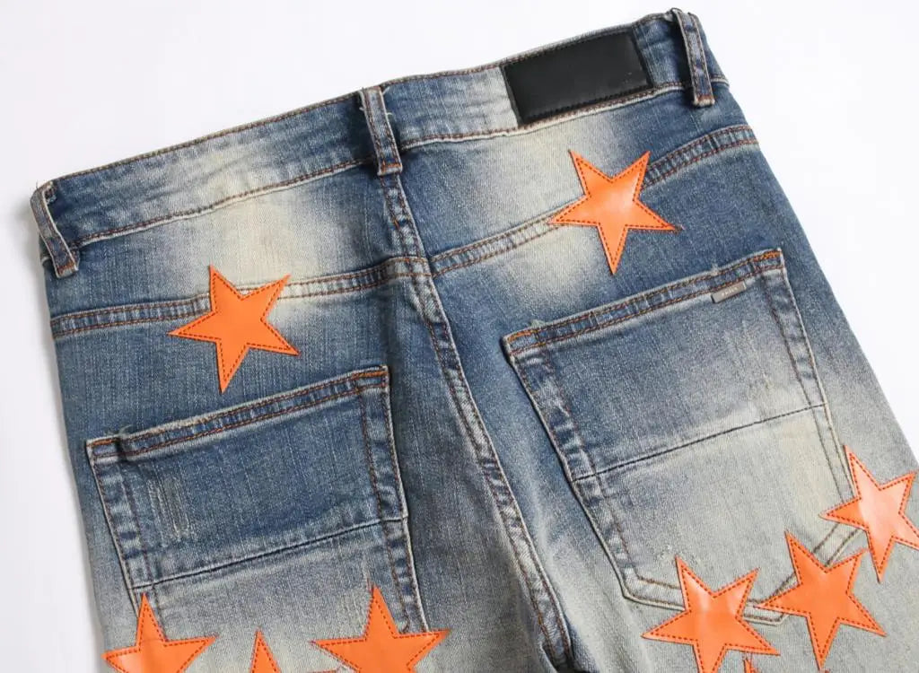 2023 Autumn New Fashion Men High Street Orange Star Embroidery Patch Jeans Men's Slim Fit Full Sky Star Denim Pants Jeans