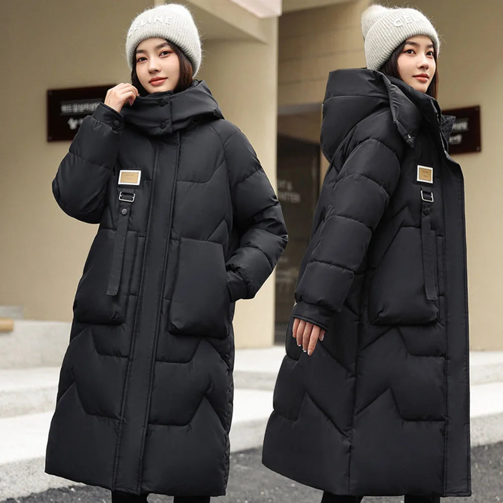 Winter2023 Lange Parkas Damen Daunenmantel Pufferjacke Leder Label Kapuze Große Tasche Polyester Stoff Baumwolle Schnee Outwear