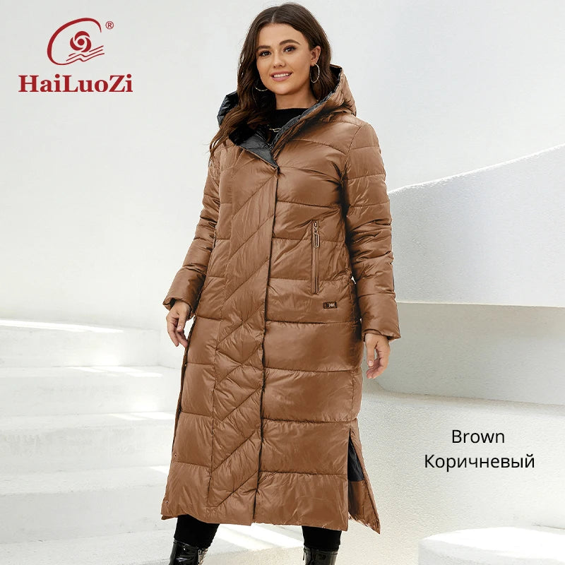 HaiLuoZi  New Winter Women's Jackets Plus Size Mid-length Thick Hood Warm Zipper Belt Classic Casual Women Coat Parkas 6037