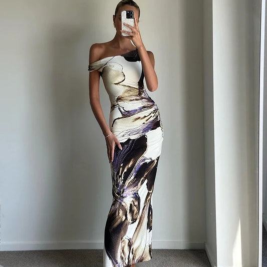 CUTENOVA Abstract Floral Print One Shoulder Long Dresses Elegant Sexy Wedding Party Summer Dress For Women 2024