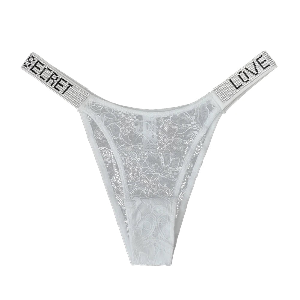 Sexy Damen-Höschen mit Buchstaben „LOVE Secret“ und Strasssteinen, G-String, niedrige Taille, Unterwäsche aus Spitze, transparent, nahtlos, nahtlose Gym-Dessous, Tangas