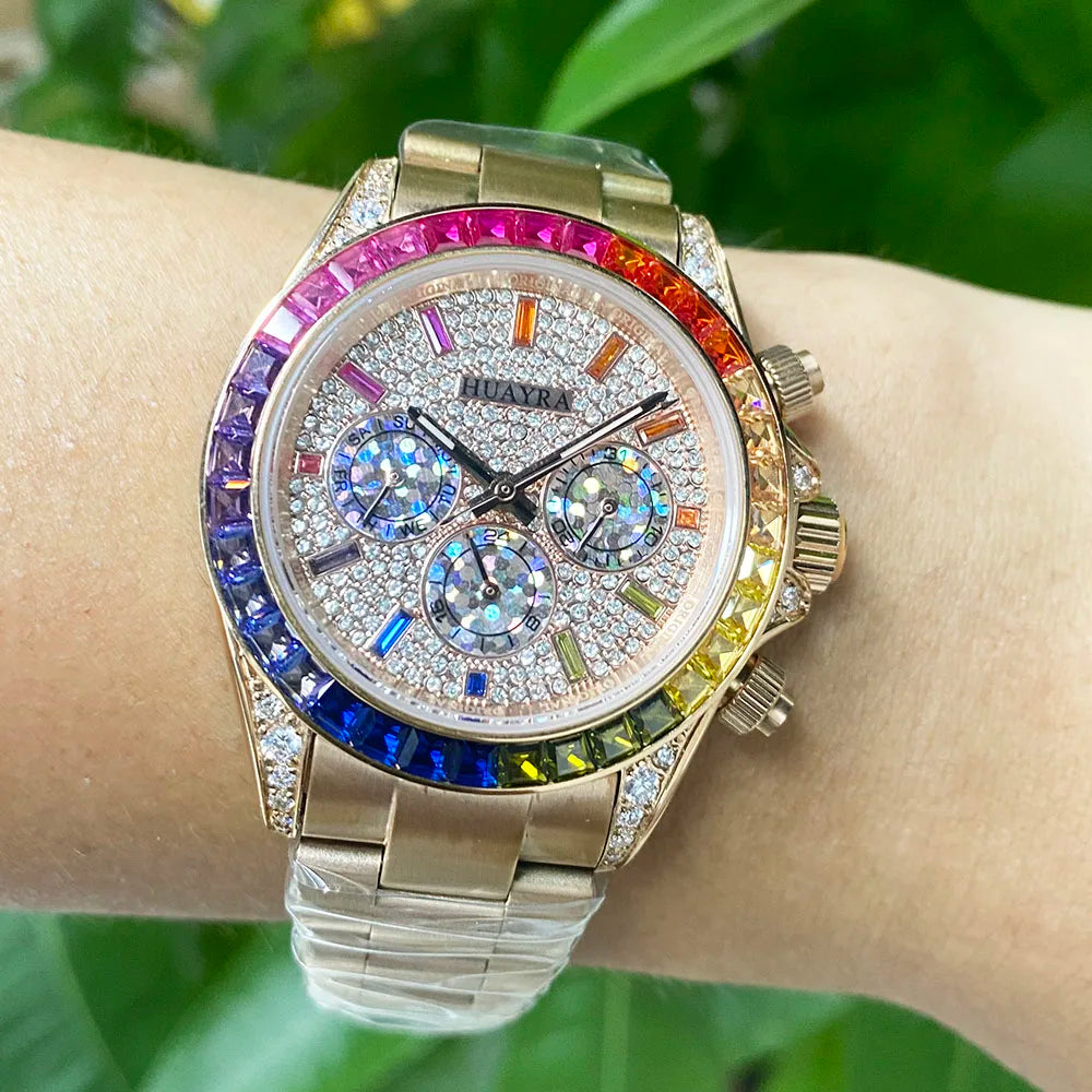 New 40mm Rainbow Shell Panda Three Eyes Watch Men's Automatic Mechanical Watch Color Diamond dial Three Eyes Stainless Steel