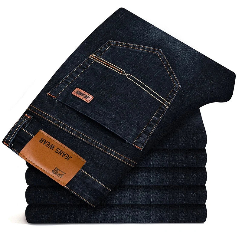 2024 Classic Men's Fitted Stretch Jeans Business Casual Cotton Denim Straight Leg Pants Male Black Blue Trousers