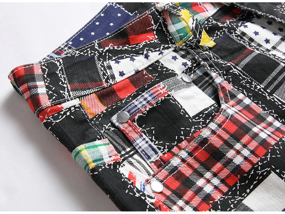 Men Plaid Digital Print Jeans Fashion Patches Patchwork Stretch Denim Pants Slim Straight Trousers