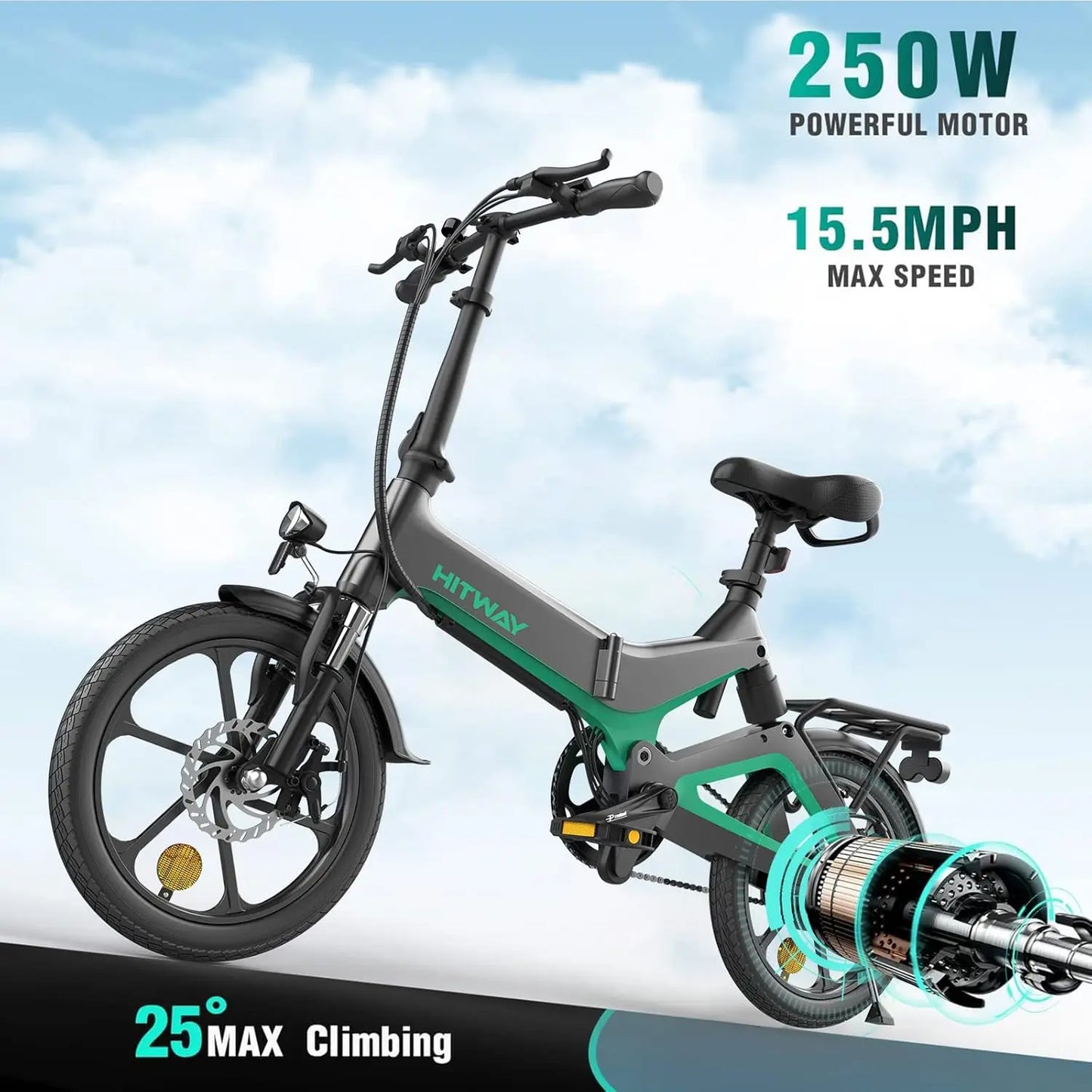 16 electric bike HITWAY W/36V Foldable Electric Pedal Assistance with 7.8ah Battery, Accelerator-Free, for teen