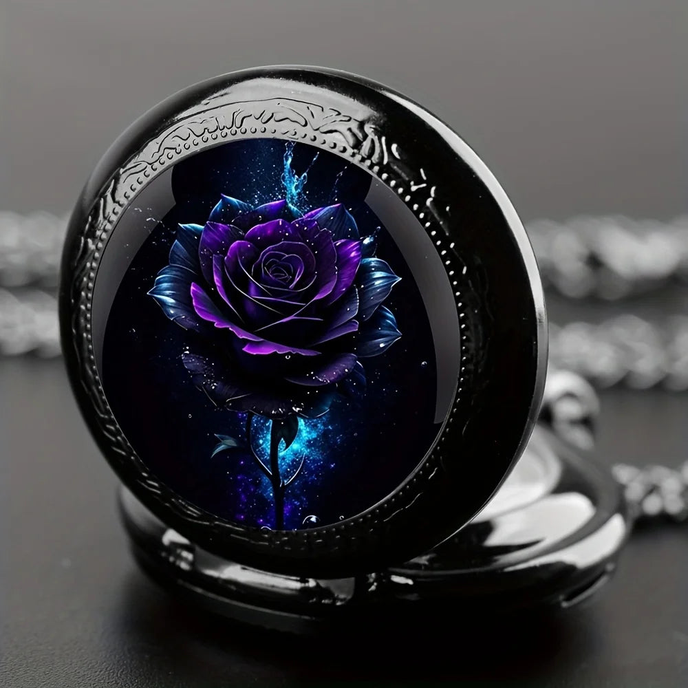 Exquisite Special Pocket Watch Blue Rose Flower Elegant Black Clock With Necklace Chain Lover's Best Gift Cool Fashion Relojes