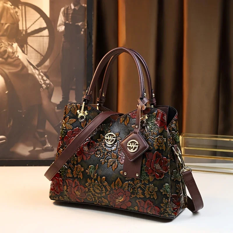 Vintage Flower Pattern Handbag, Luxury PU Leather Tote Bag, Fashion Crossbody Bag For Women