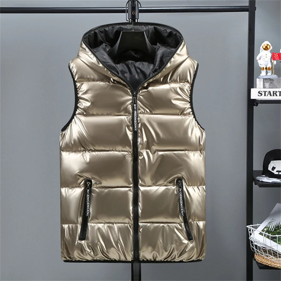 2025 New Men Winter Vests Hooded Glossy Cotton Padded Sleeveless Coat Male Waterproof Thick Warm Waistcoat Men's Clothing 6XL