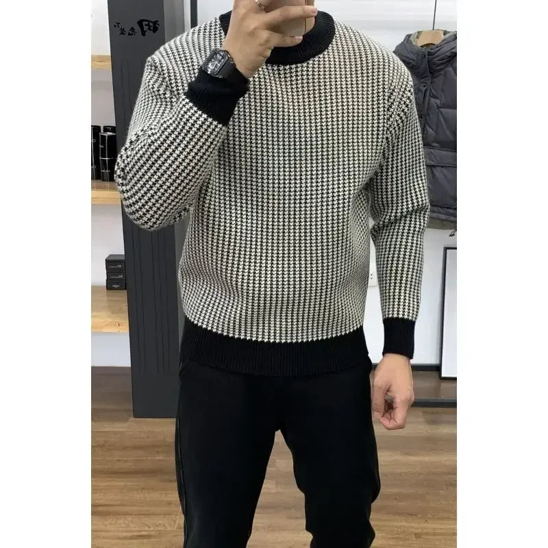 Man Clothes Round Collar Plaid Knitted Sweaters for Men Pullovers Crewneck Black Spring Autumn Elegant Designer Luxury Sheap A S