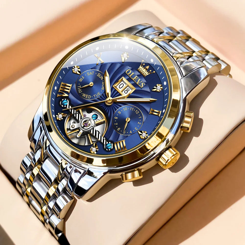 OLEVS Luxury Watches For Men Automatic Watch Waterproof Stainless Steel Mechanical Watches Gift Box Luminous Male Wristwatch