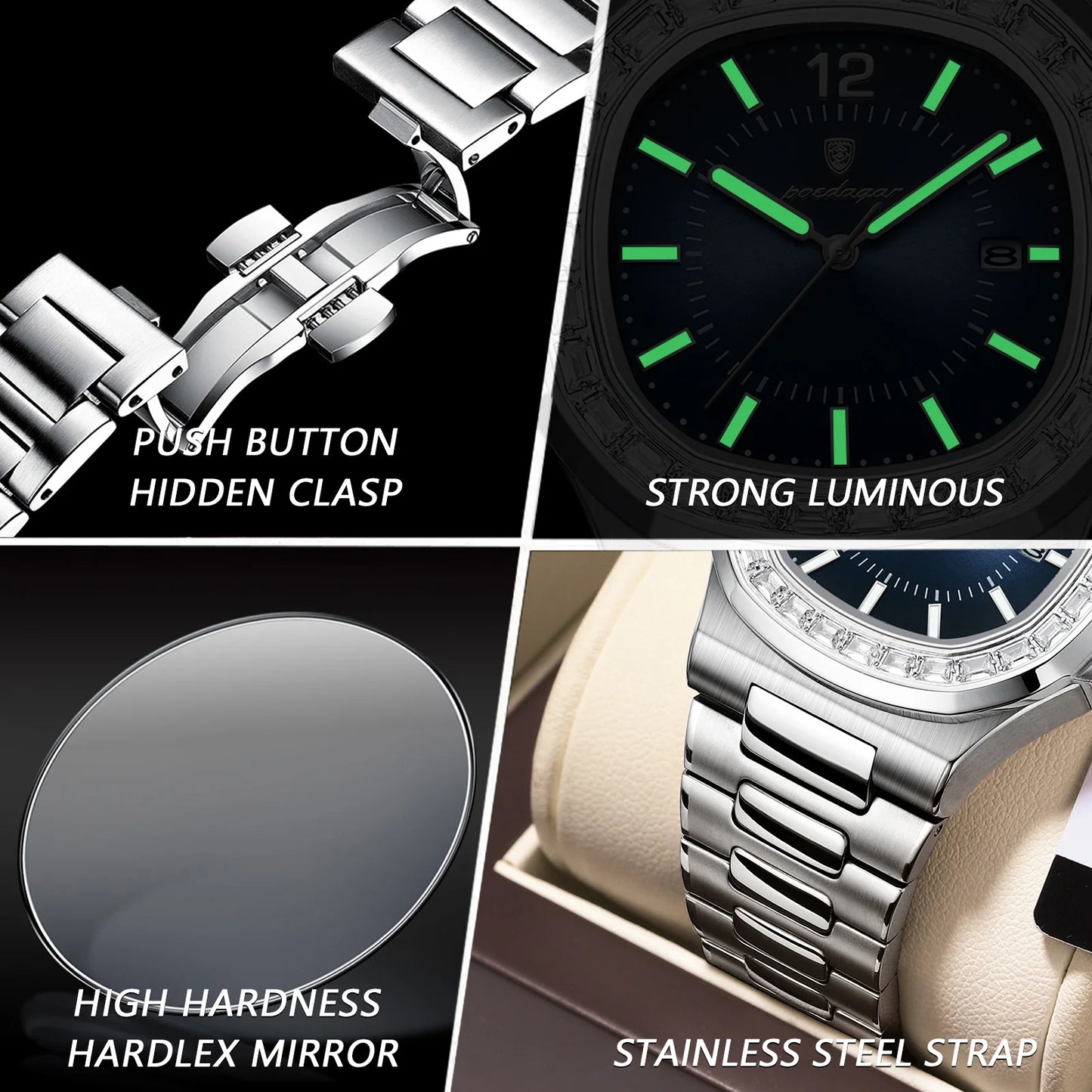 POEDAGAR Luxury Square Man Quartz Watch Waterproof Luminous Date Men's Watch High Quality Stainless Steel Business Men Watches