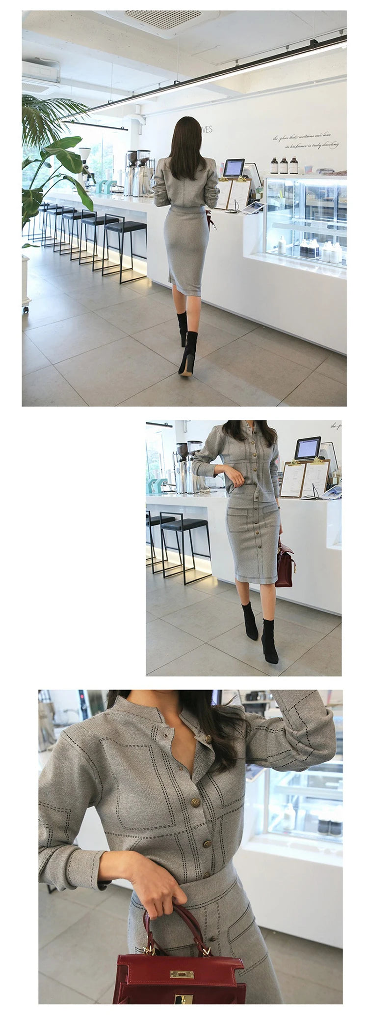 Fashion Korean 2 Pieces Outfits Women Elegant Formal Casual Coat Tops Sweater Jackets High Waist Bodycon Midi Skirt Sets Work