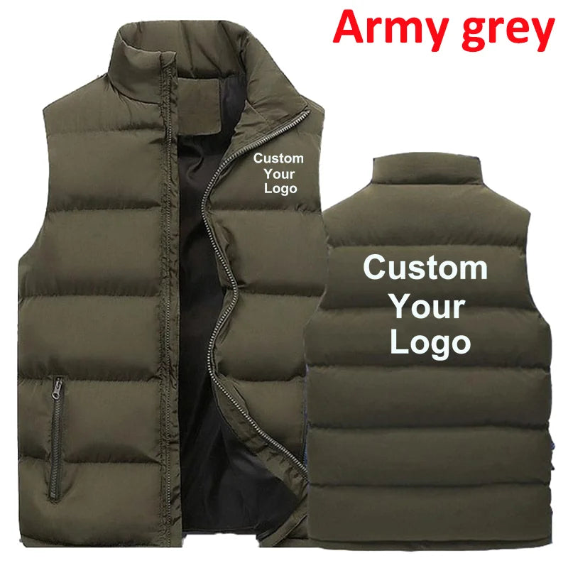 Fashion Men's Custom Your Logo  Casual Jacket Fashionable Warm Down Vest Slim Fit Sleeveless Thicken Stand Collar Vest Jacket