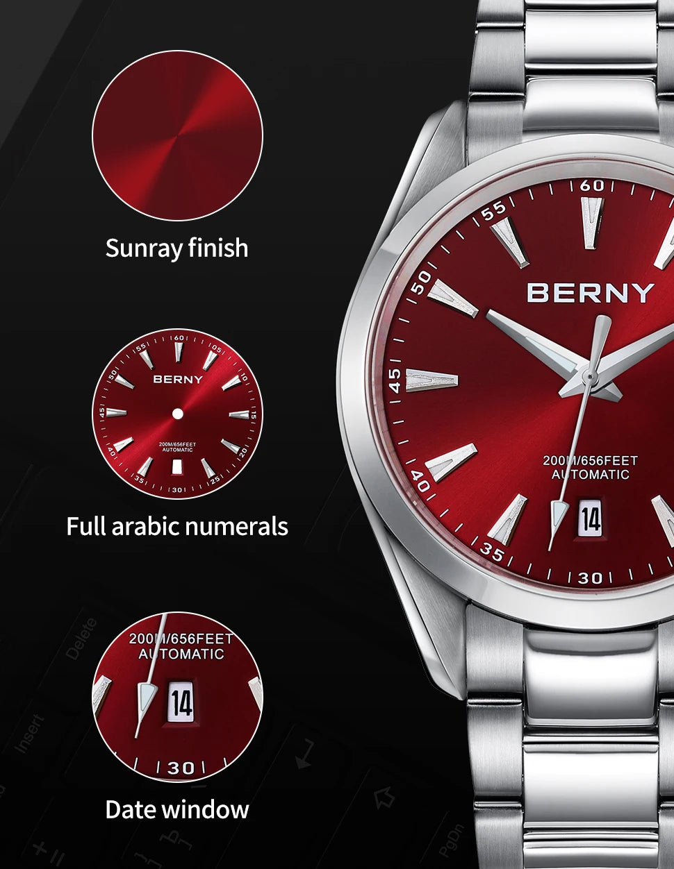 BERNY Automatic Watch for Men AR Sapphire BERNY NH35 Mechanical Male Wristwatch Stainless Steel Luxury 20ATM Waterproof Watches