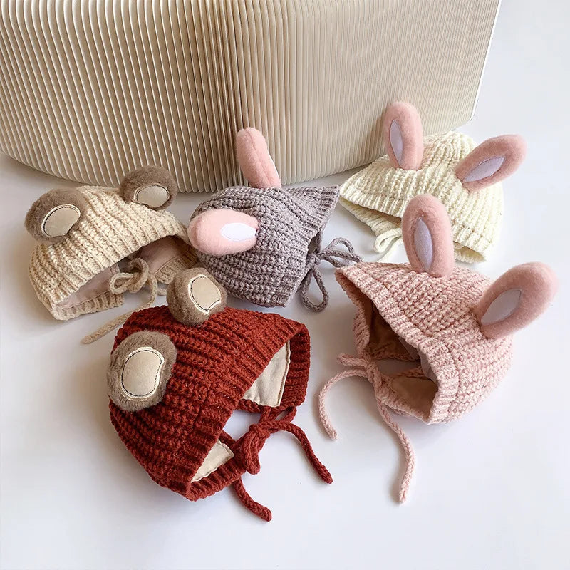 2024 Autumn Winter Newborn Girl Hat Bear Rabbit Ears Knitted Infant Girl Caps Multiple Color Available Lace-up Baby Girl Hats