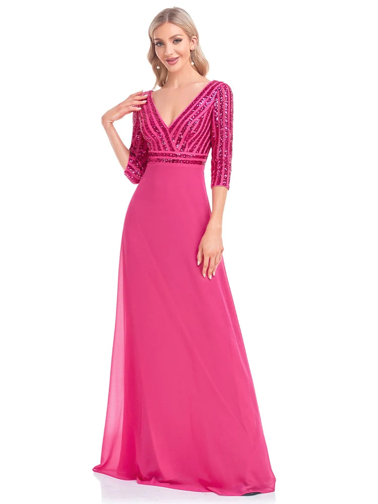 Lucyinlove Elegant Sequined Long Sleeve Gown V Neck Pink Evening Dress Wedding Party Graduation Prom Dresses For Women 2024