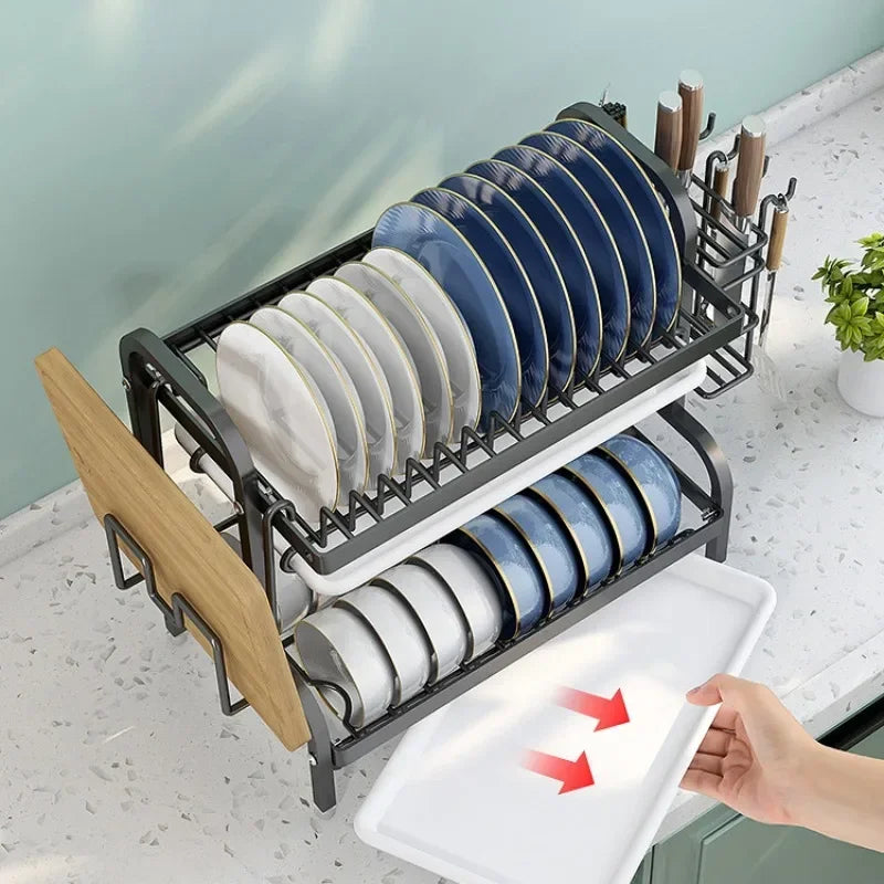 2-Tiers Stainless Steel Storage Rack for Bowls and Dishes Multilayer Cutlery Drainer with Drainage Box Plates Utensils Organizer