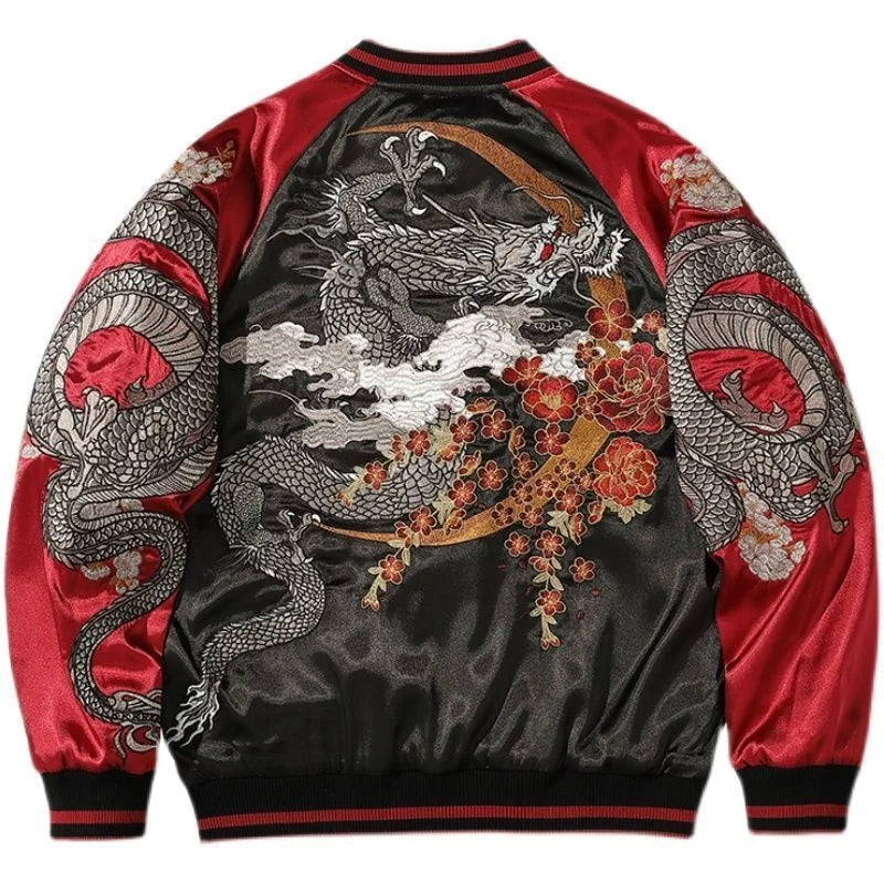 Embroidered Dragon Hip Hop Jacket Contrast Color High Street Baseball Coat Harajuku Trendy Outerwear Casual Loose Jacket For Men