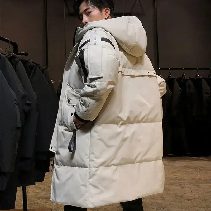 Men's Parkas Hooded New Over-the-knee Overcoat Thickened Mid-length Jacket Zipper Buttons Winter White Duck Down Jackets