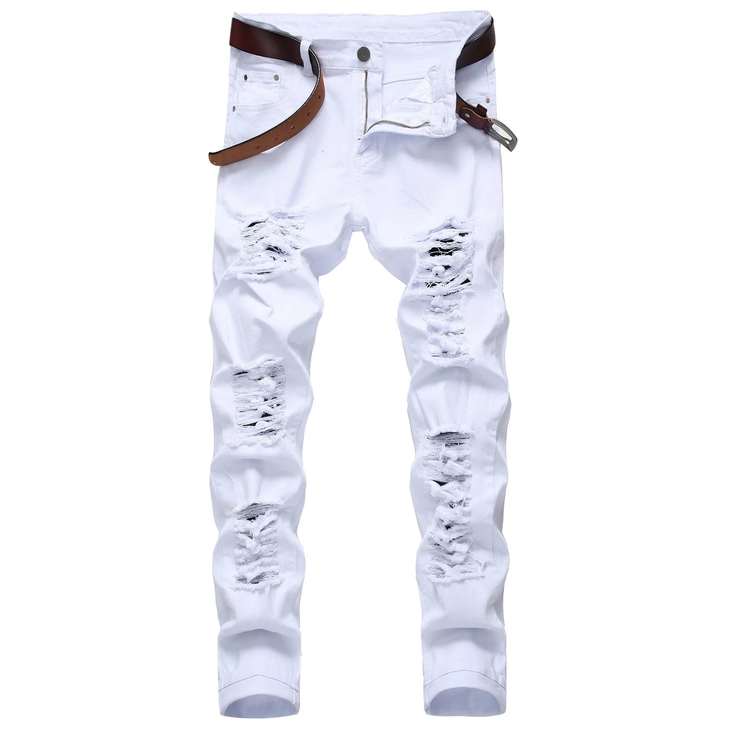 Straight Hole Destruction Trousers Distressed Jeans Men Denim Trousers Fashion Designer Brand White Pants Male Large Size 28-42