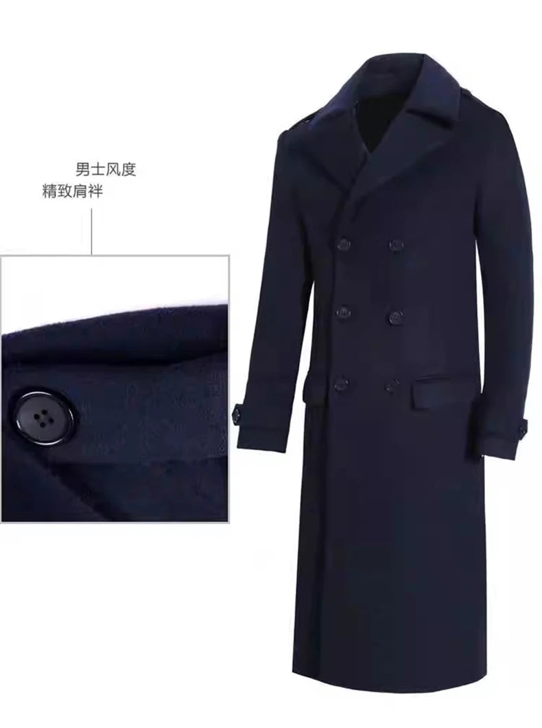 Mauroicardi Autumn Winter Long Warm Smart Casual Navy Blue Black Woolen Coat Men Double Breasted Luxury Wool Blends Overcoat