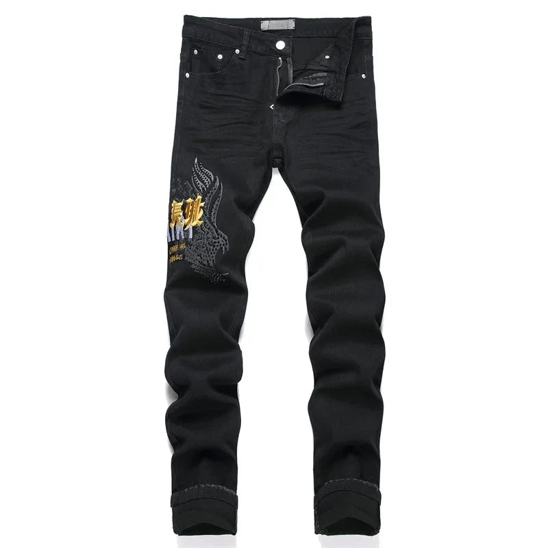 New Fashionable Black Hole Letter Embroidery Elastic Waist Men's Jeans Casual Trendy Style Mid Waist Small Foot Men's Jeans