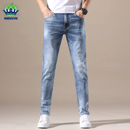 OUSSYU Brand Clothing Jeans Men High Quality Stretch Light Blue Denim Fashion Pleated Retro Pocket Skinny Trousers Pants 28-40