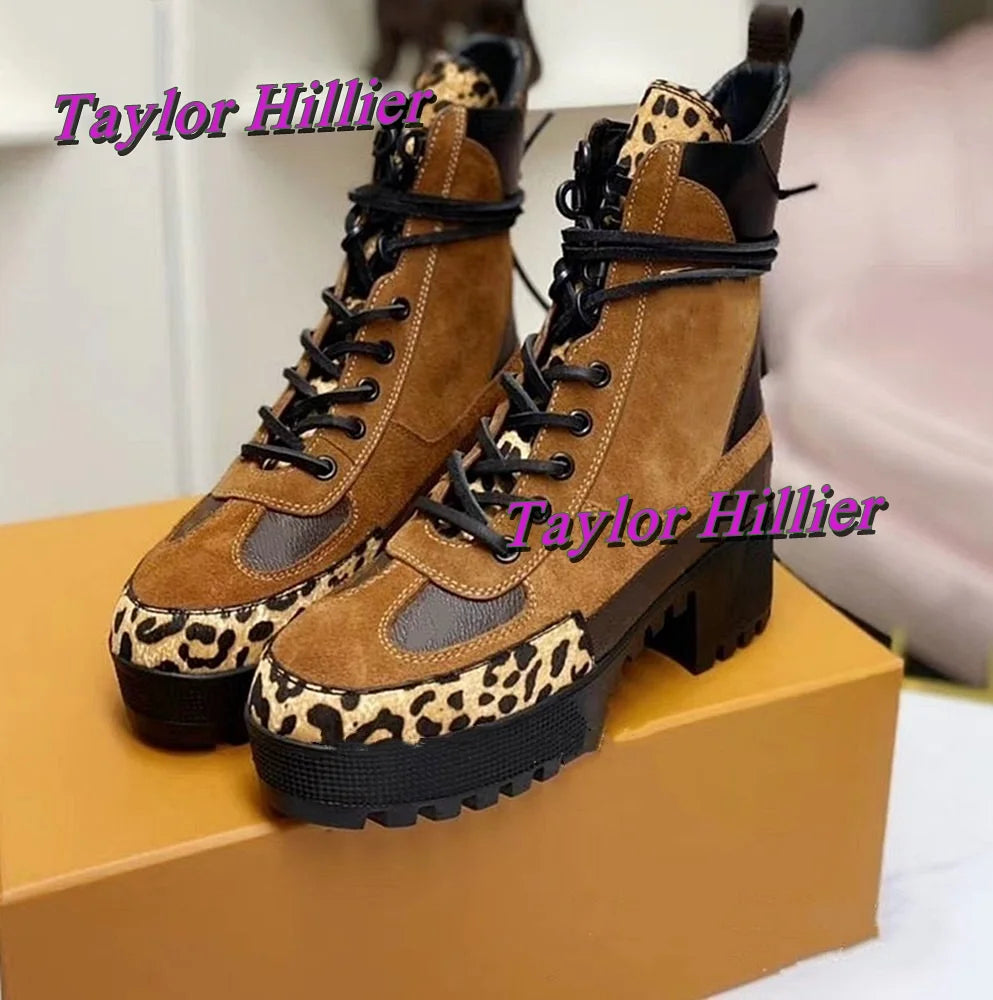 Patchwork Lace Up Ankle Boots Luxury Round Toe Square Heel Designer Commuting Women Fashion All-Match 2025 Winter Warm New Shoes