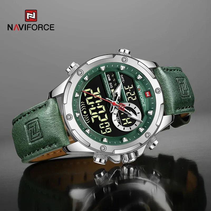 NAVIFORCE Mode Herren Casual Grüne Leder Uhr Militärische Wasserdichte Digital Chronograph Quarz Mann Armbanduhr Männlichen Wecker