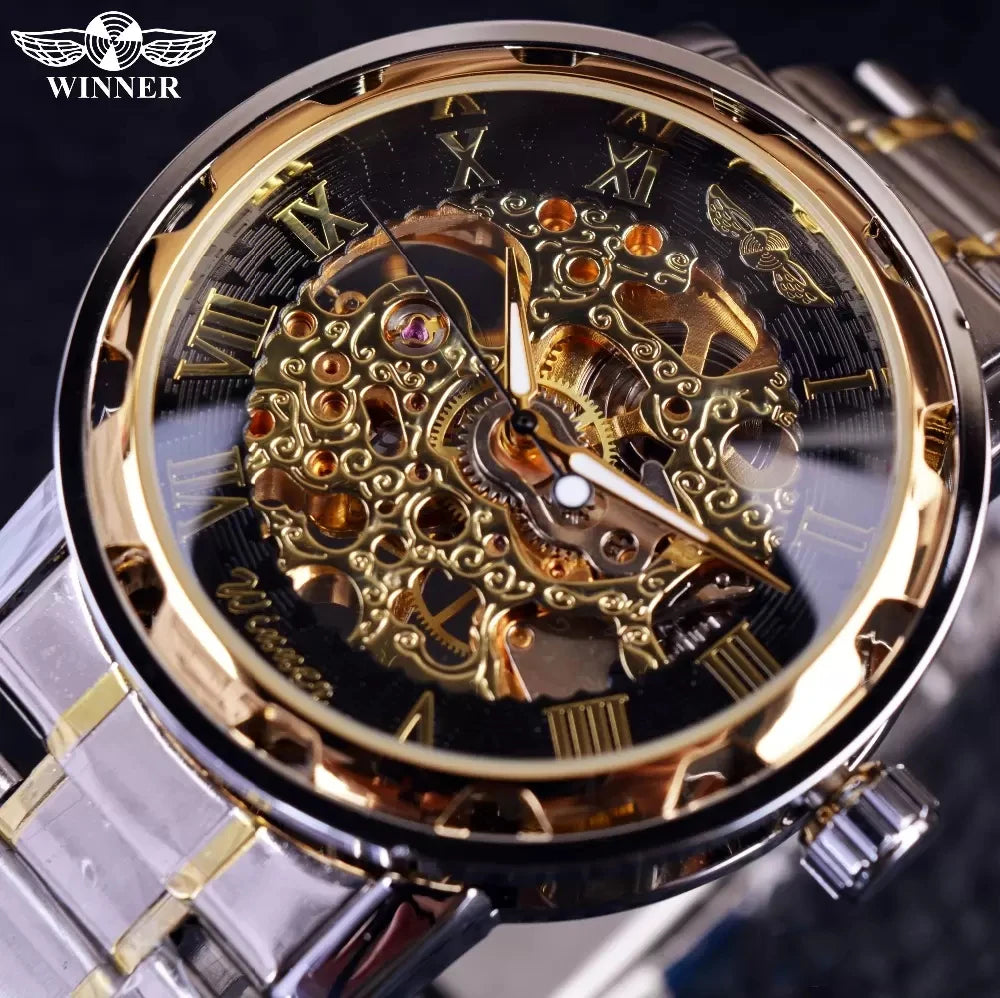 Fashion Winner Black Leather Band Stainless Steel Skeleton Mechanical Watch For Man Gold Mechanical Wrist Watch Luxury Brand