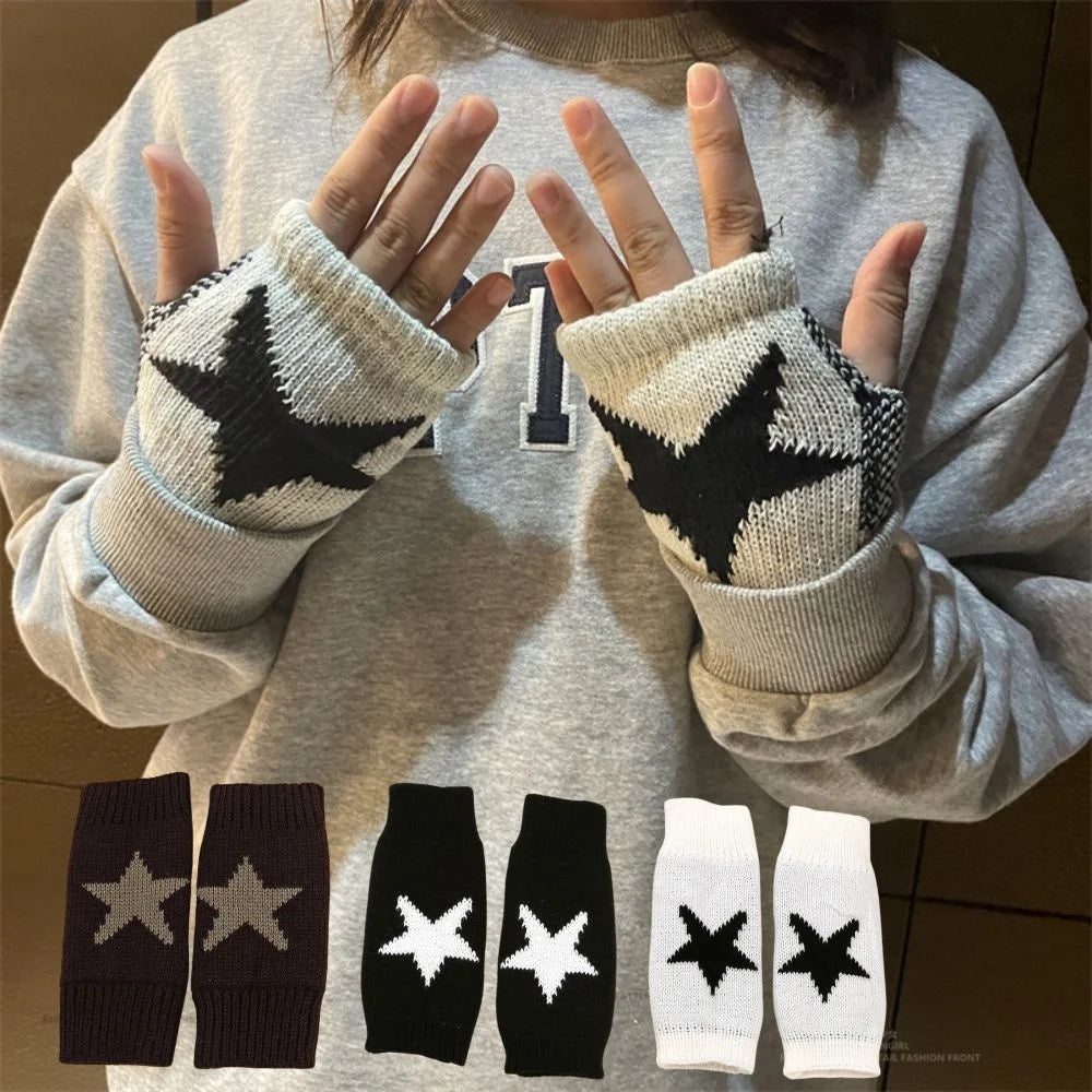 New Fashion Knitted Gloves Winter Warm Half Finger Gloves Korean Warm Woolen Mittens Y2K Star Fingerless Gloves For Men Women