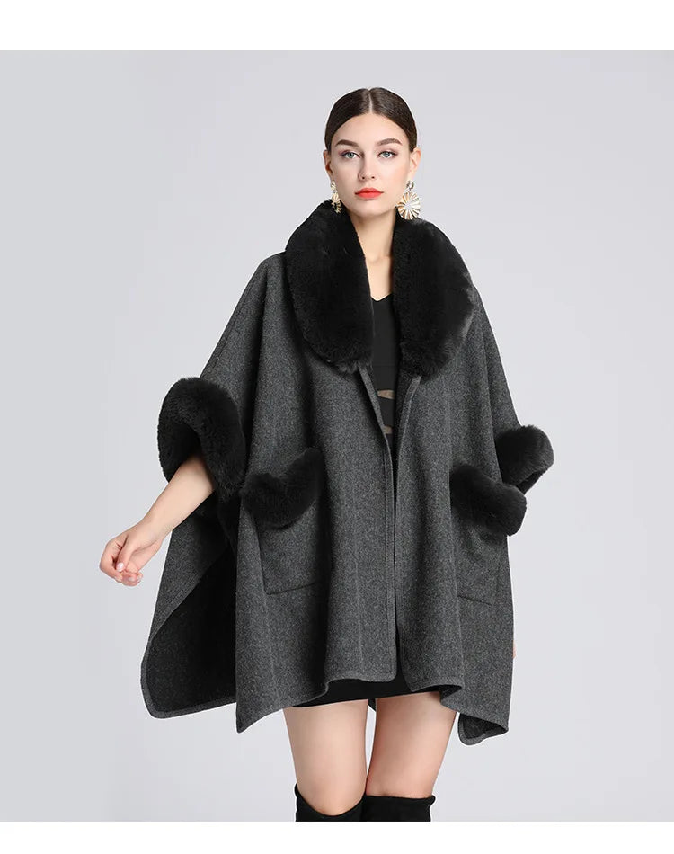 Autumn/winter New Style European American Fashion Loose Fit Woolen Jacket Cardigan Women's Imitation Rabbit Fur Collar E2018