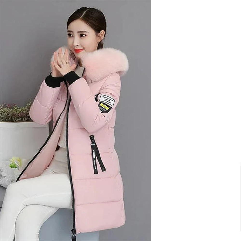 Winterjacke 2024 Koreanische Frauen Parka Große Pelzkragen Mit Kapuze Dicker Warmer Langer Weiblicher Mantel Lässige Outwear Daunenbaumwolljacke Parkas