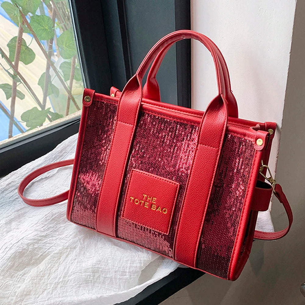 New The Tote Bag Letter Printed Sequins Top-Handle Bag Women Leather Handbag Luxury Designer Glitter Shoulder Crossbody Bag