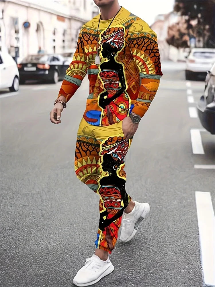 Patchwork Color Block Printed Men's Fashion Long Sleeve T-shirt New Spring And Autumn Men's Sets Daily Casual Men's Long Pants