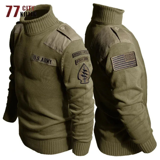 Retro Tactical Turtleneck Knitted Sweater Men Letter Pattern Patchwork Cotton Jumper Outdoor Hiking Loose Military Pullover Male