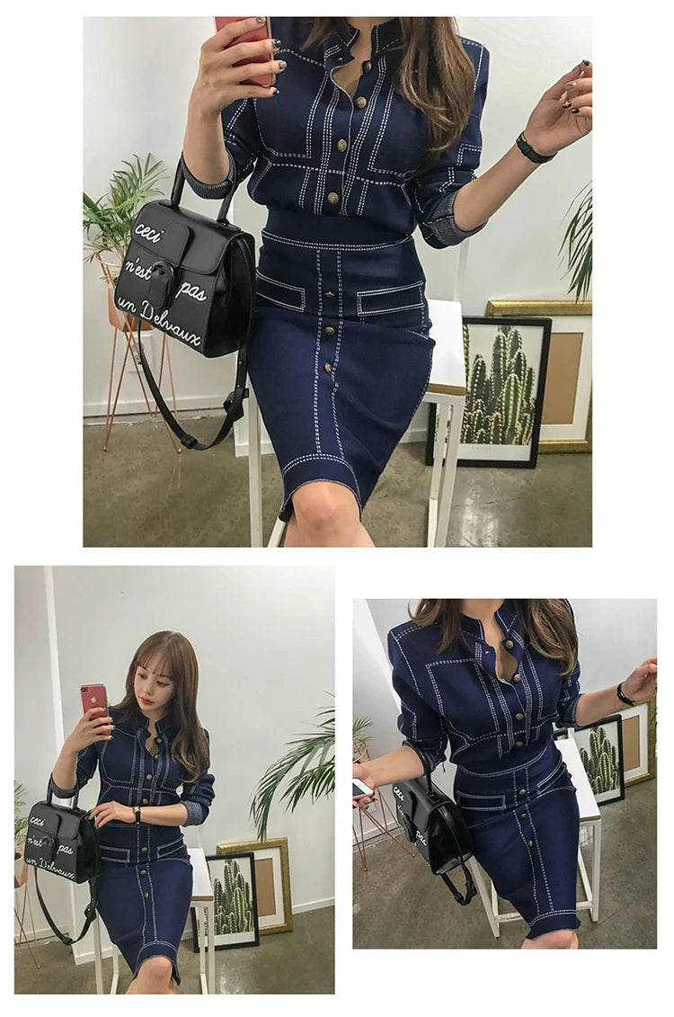 Fashion Korean 2 Pieces Outfits Women Elegant Formal Casual Coat Tops Sweater Jackets High Waist Bodycon Midi Skirt Sets Work