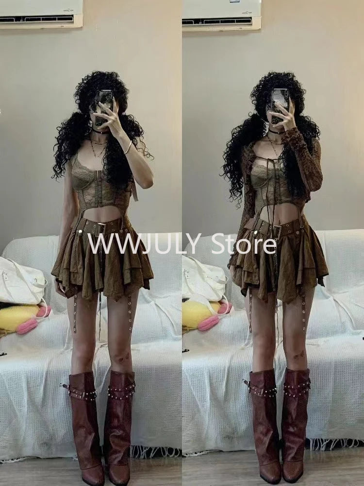 Harajuku Vintage Fashion 3 Piece Set Woman Short Cardigan + Slim Vest + Y2k E-Girl High Waist Skirt Hot Girls Korean Style Suit