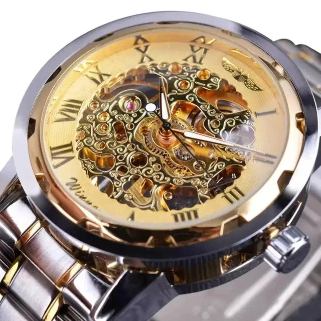 Fashion Winner Black Leather Band Stainless Steel Skeleton Mechanical Watch For Man Gold Mechanical Wrist Watch Luxury Brand