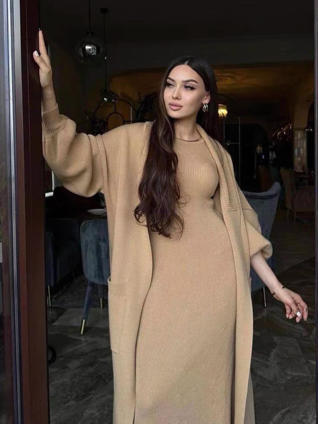 High Quality Women'S Solid Color Knitted Set, Sexy Long Sleeved Loose Long Cardigan Jacket+Sleeveless Dress Casual Two-Piece Set