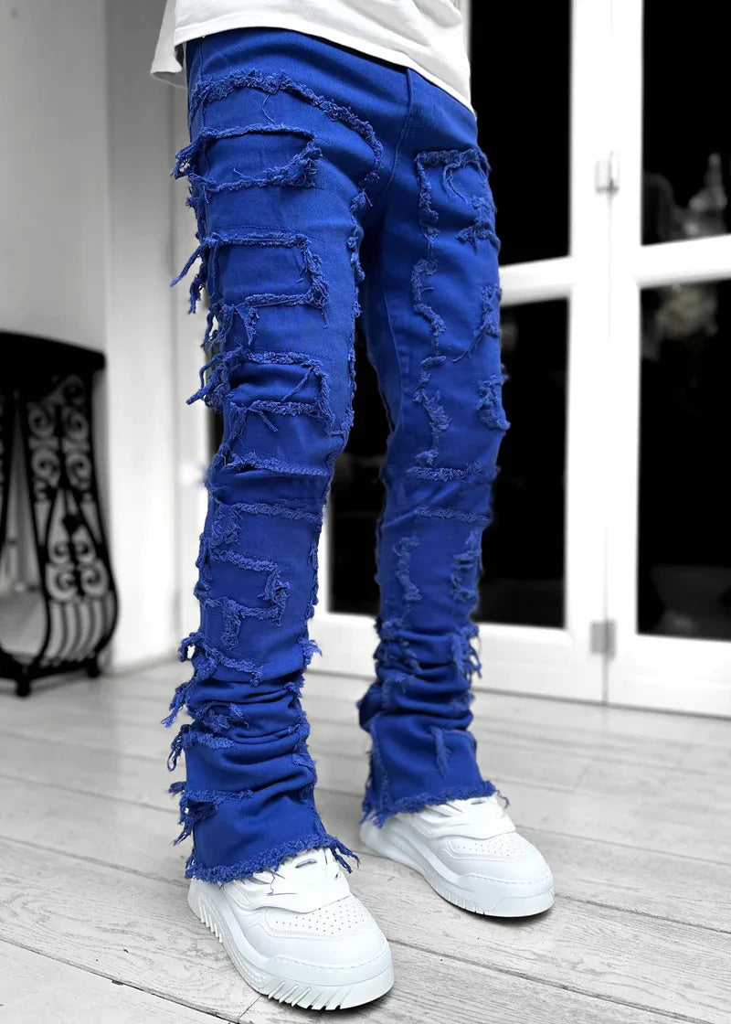 Fashion Streetwear Men's Regular Fit Stacked Jeans Ripped Slim Fit Patch Distressed Destroyed Straight Denim Pants 2024 S-3XL