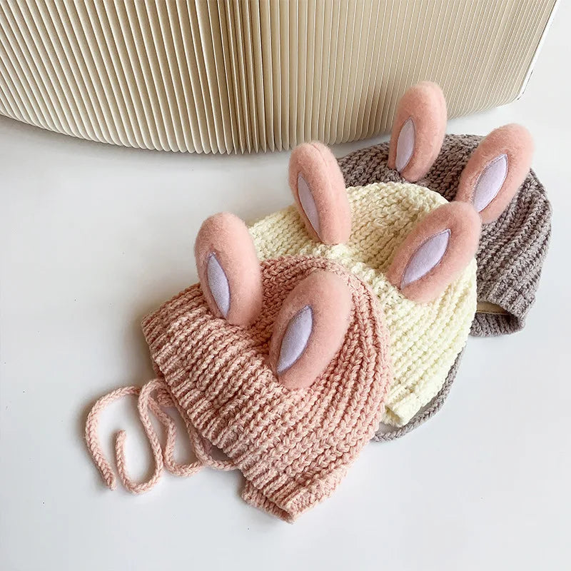 2024 Autumn Winter Newborn Girl Hat Bear Rabbit Ears Knitted Infant Girl Caps Multiple Color Available Lace-up Baby Girl Hats