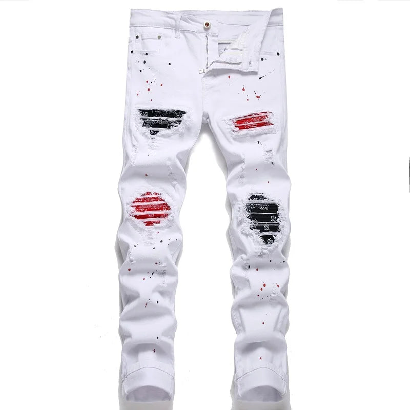 Men Cracked Blue Pleated Patch Biker Jeans Streetwear Holes Ripped Distressed Patchwork Stretch Denim Pants Slim Skinny Trousers