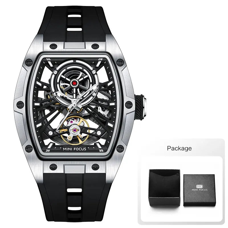 MINI FOCUS Men Wristwatch Fashion Black Waterproof Automatic Mechanical Watch with Luminous Hands Silicone Strap Tonneau Dial