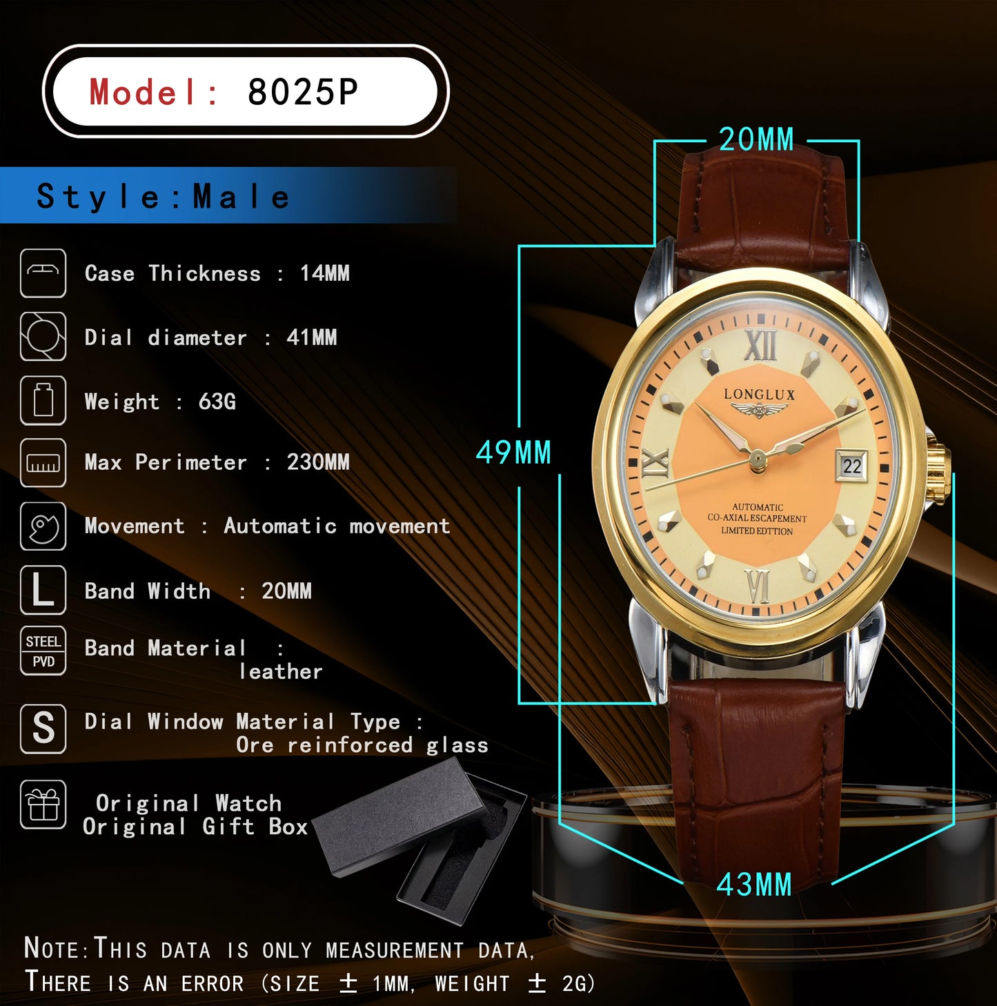 LONGLUX automatic man watch business leisure dating mechanical wristwatches day date waterproof leather  mens watch men gift